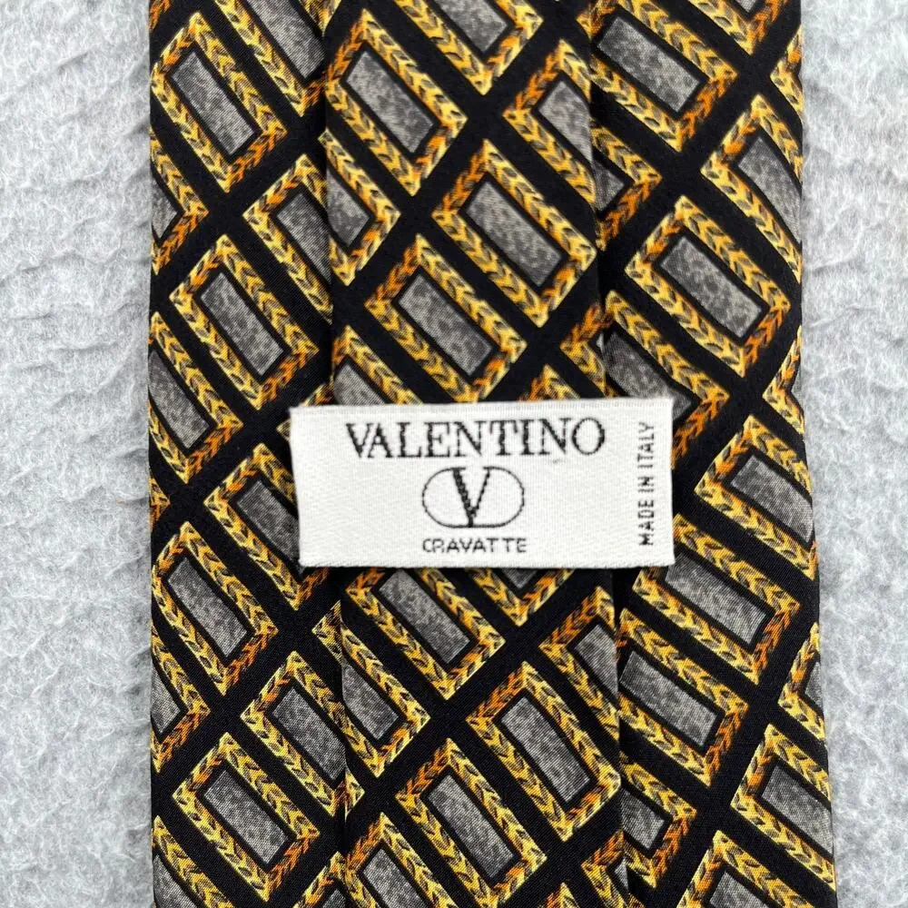 Valentino Cravatte Silk Necktie Made In Italy Black Gold Geometric Tie